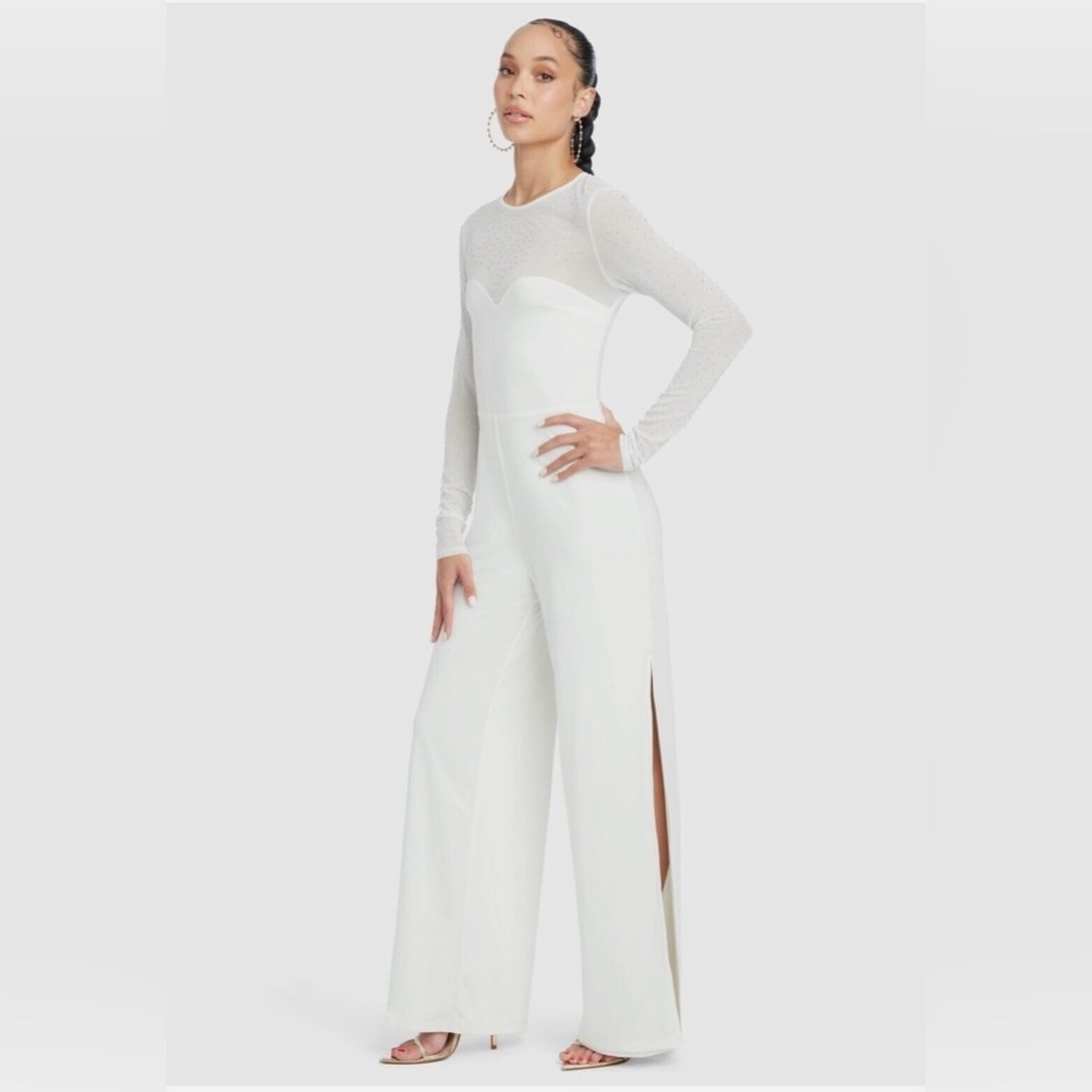 Bebe Embellished Illusion White Jumpsuit Romper Sheer Long Sleeve